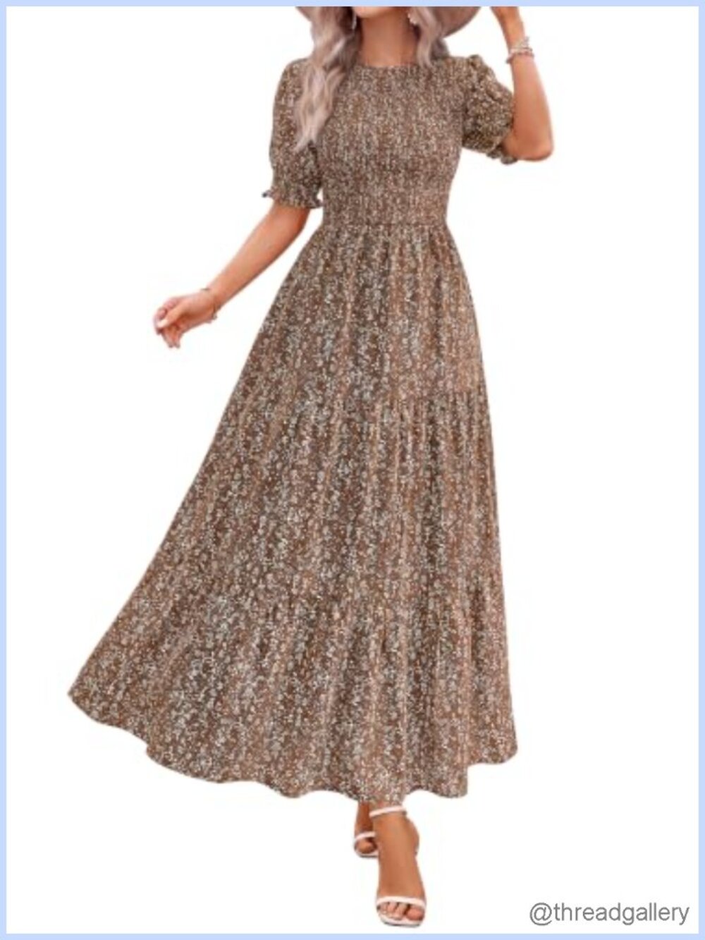 Women Smocked Maxi Dress Puff Sleeve Tiered A-Line Boho